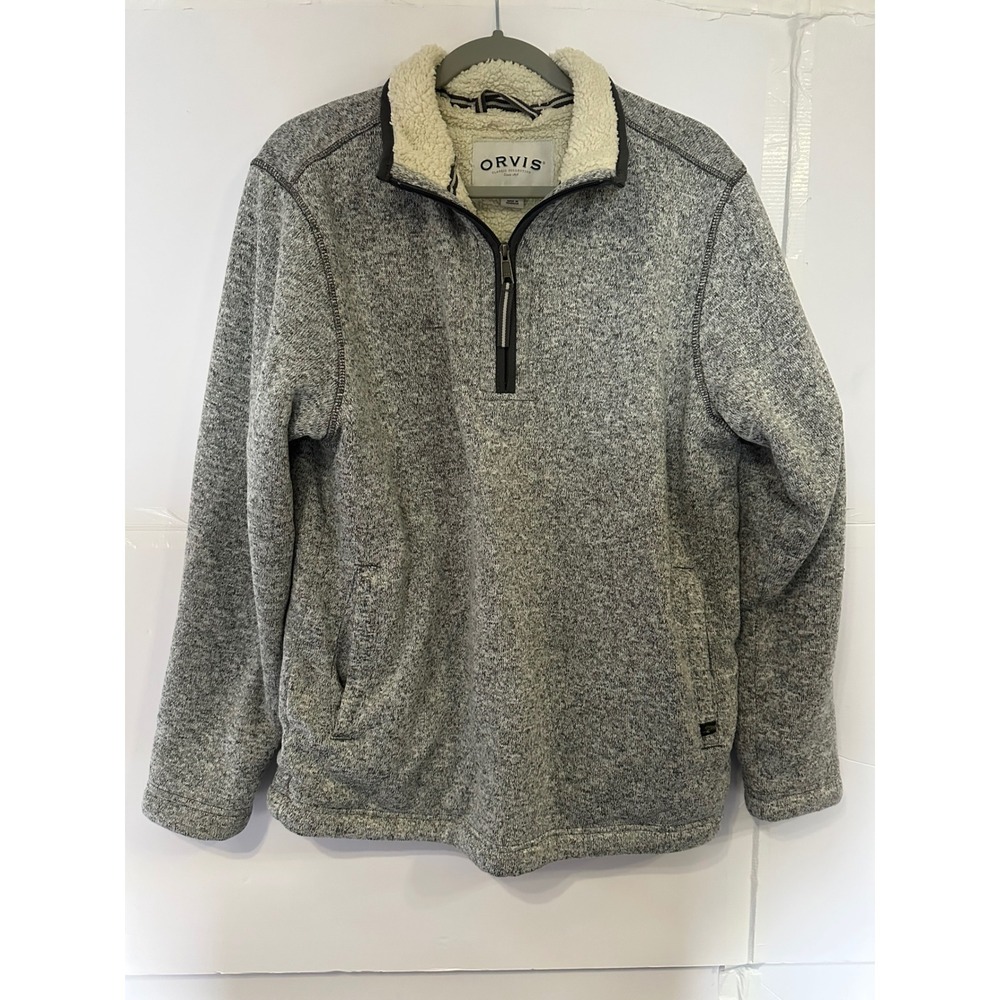 Orvis Mens Gray Fleece Quarter Zip Pullover Sherpa Lined Casual Sweater
